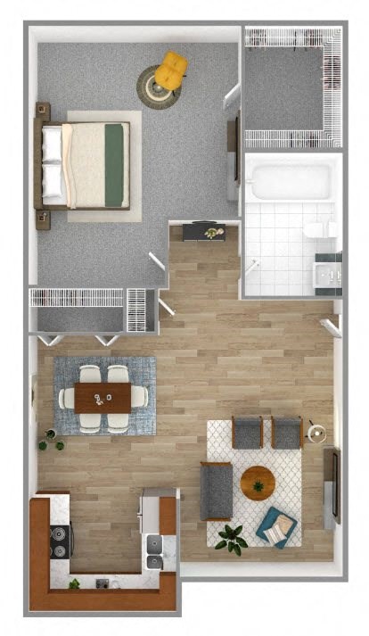 Floor plan for 1 bed, 1 bath, 667 sqft